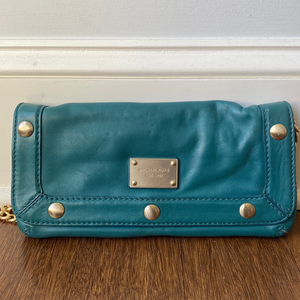 Michael Kors Clutch Handbag Teal with Gold chain